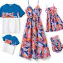 PATPAT Family Matching Outfits Mommy and Me Dresses Hawaiian Tropical Vacation Beach Spaghetti Strap Dress and Shirt (Small, Colorful Leaf)