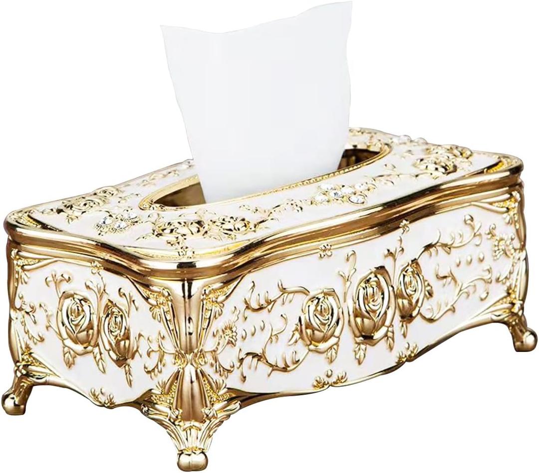 Moorfowl Vintage European Tissue Box Cover Rectangle Rose Pattern Long Tissue Box Holder for Bathroom Vanity Countertop, Bedroom Dresser, Nightstand and End Table (Gold White)