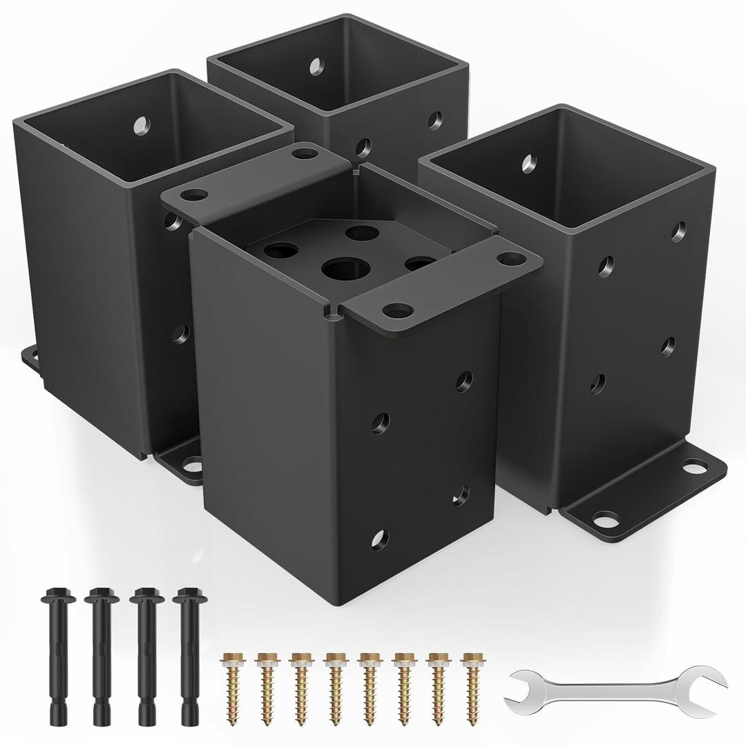 QZER 44 Post Base, Inner Size 3.5""x3.5"" Deck Post Brackets, Heavy Duty Metal Black Powder Coated Fence Post Anchor Base for Pavilion Porch Railing Pergola Support Deck Base Plate 4 Pcs