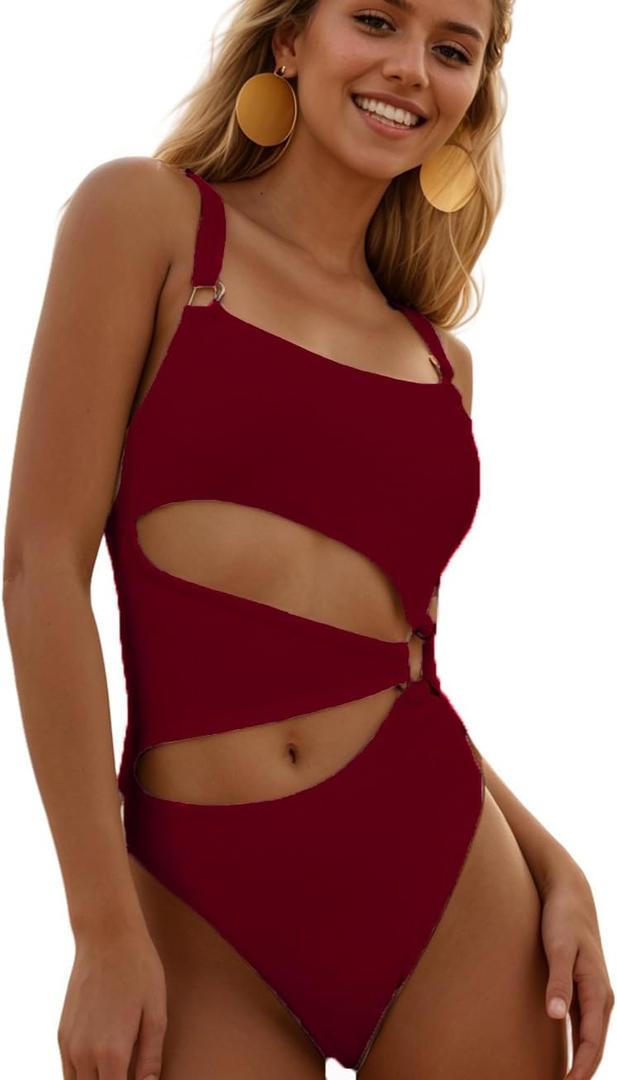 YIMISAN Women's One Piece Swimsuit Ring Cut Out Front High Cut Cheeky Bathing Suit Monokini Swimwear (Wine Red)