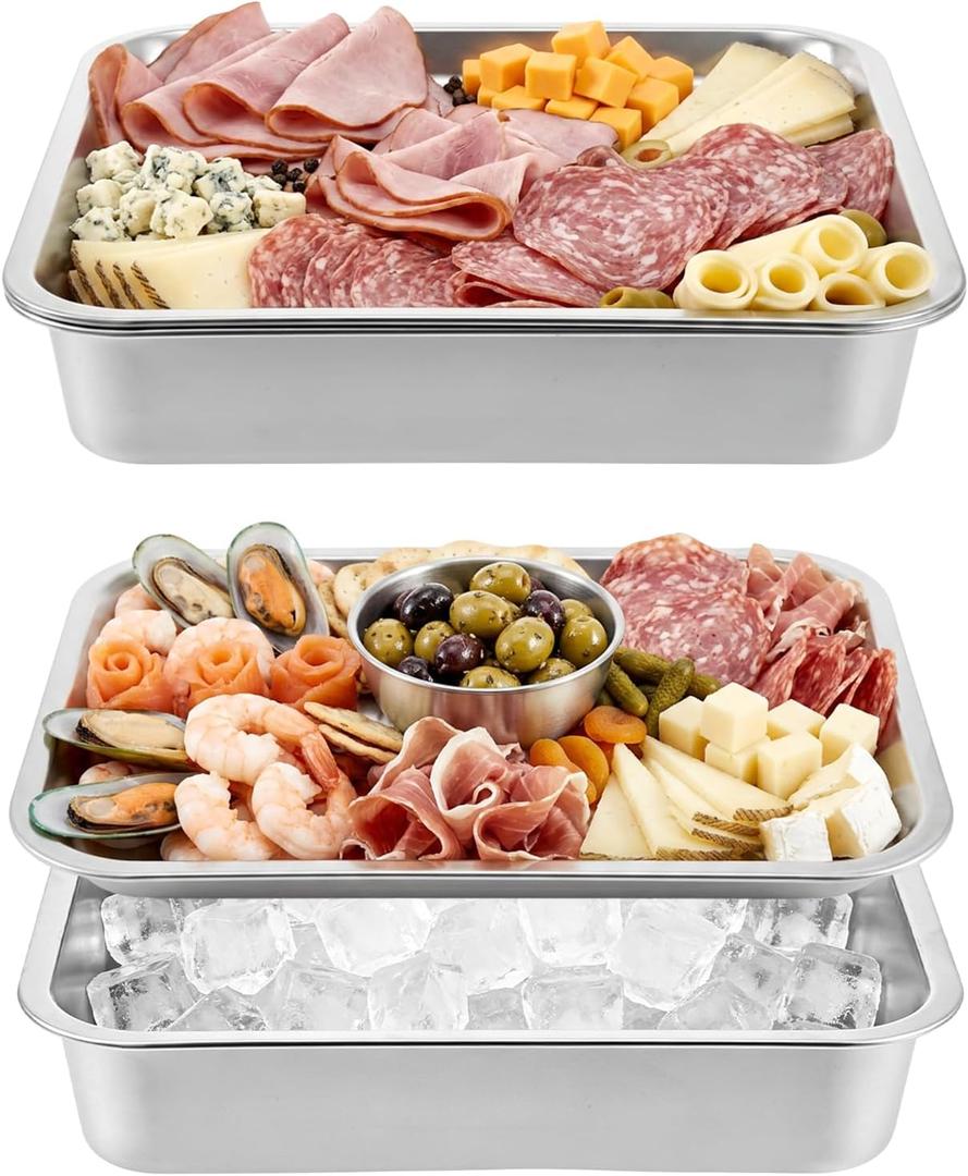 2 Set 14" x 10.4" Stainless Steel Chilled Serving Tray with Compartments Ice Chilled Tray Set for Parties Rectangle Veggie Platter Charcuterie Serving Board for Fruit Seafood Appetizer