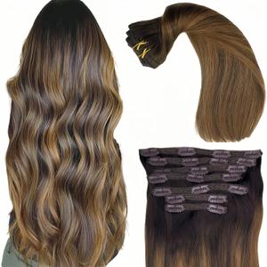Real Human Hair Lace Clip In Hair Extensions Thick ends 18inch 120g Ombre Piano Color Dark Brown Roots/Chestnut Blonde Highlights Balayage Double Wefted Silky Soft Human Hair Extensions