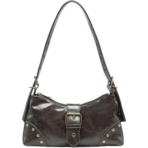 QWINEE Women's Studded Y2k Purse Rivet Hobo Purse Punk Leather Shoulder Bag with Buckle Brown# One-Size