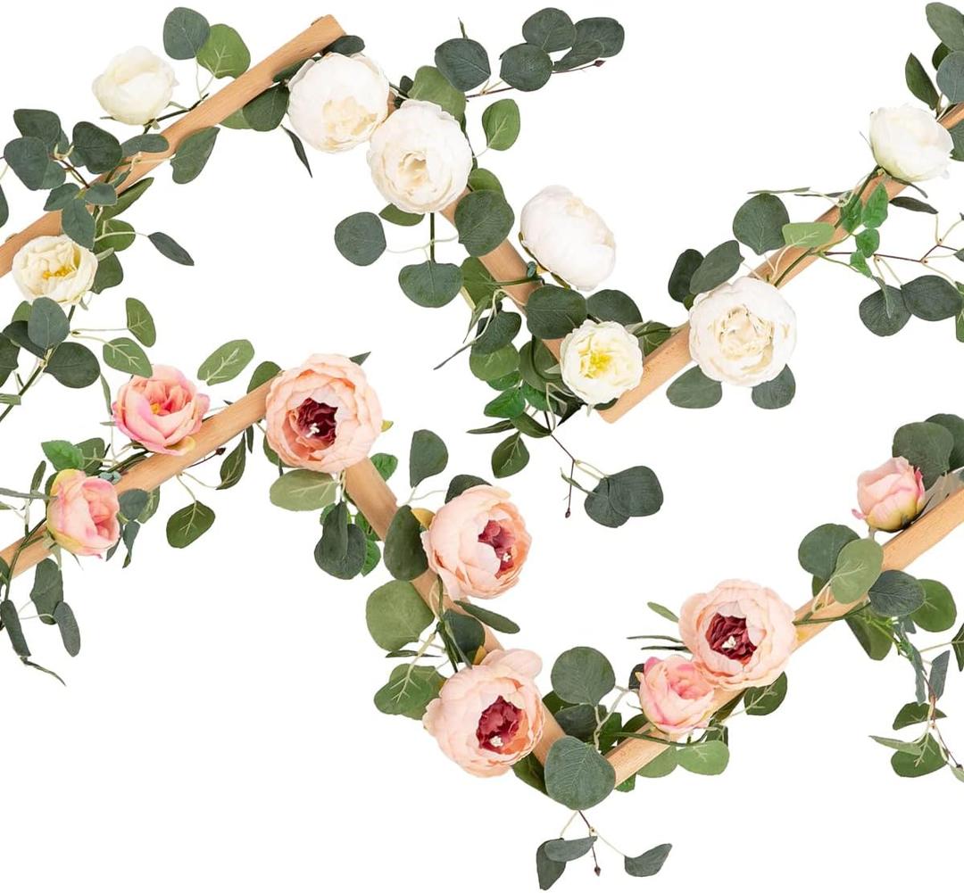 Floweroyal 2 Pack Artificial Flower Garlands 11.2FT Eucalyptus Garlands with Flowers 8 Head Peony Flower Vine Faux Floral Garland for Wedding Arch Table Wall Backdrop Wreath Decoration. (Pink & White)