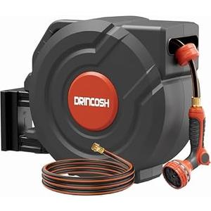 Retractable Garden Hose Reel 100 ft 1/ 2 inch Automatic Rewind with Any-Length Lock Water Hose 9 Pattern Sprayer Nozzle 180° Swivel Wall-Mounted Hose Reel for Home Yards