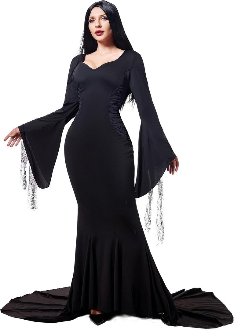 Funna Black Costume Women Dress Halloween Family Cosplay Gothic Witch Maxi Long Dresses Floor Length (Adult M(8-10))
