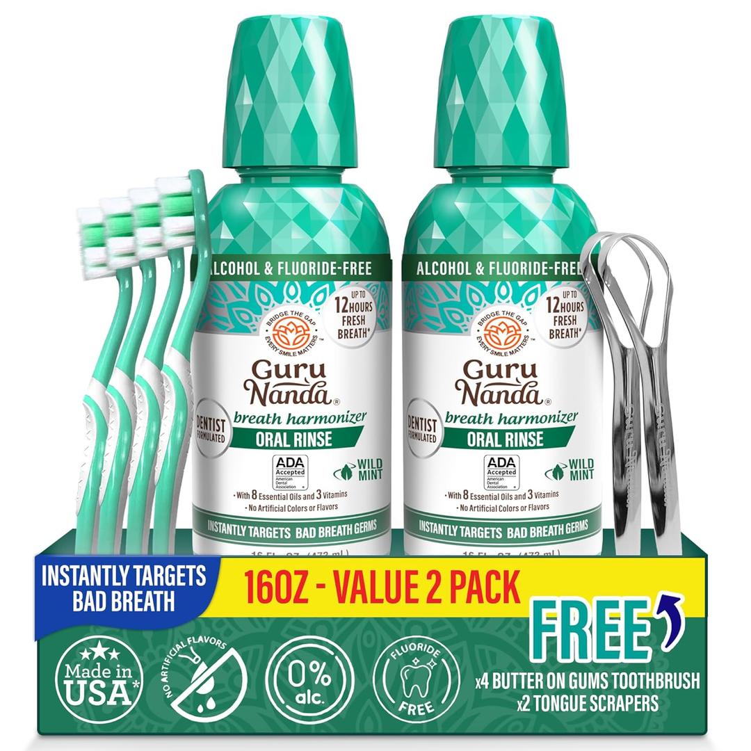 GuruNanda Fresh Breath Mouthwash, ADAAccepted, Alcohol & FluorideFree, Sodium Chlorite, Essential Oils & Vitamins, 12Hrs Fresh Breath, Wild Mint, 16 oz  2 Pack