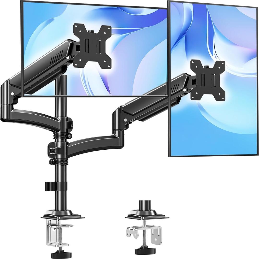 Dual Monitor Stand Holds 4.4-22 lbs Each, Dual Monitor Arm for 2 Monitors, Height Adjustable Computer Desk Mount for Max 32 inch Screens, VESA Mount with C-clamp & Grommet Base, Freelift Black
