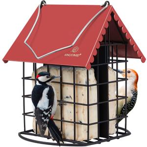 Kingsyard Double Suet Bird Feeder with Weatherproof Roof & Perch, All Metal, Suet Cakes Cage Bird Feeder for Outdoors Hanging, Easy to Clean & Refill, Red