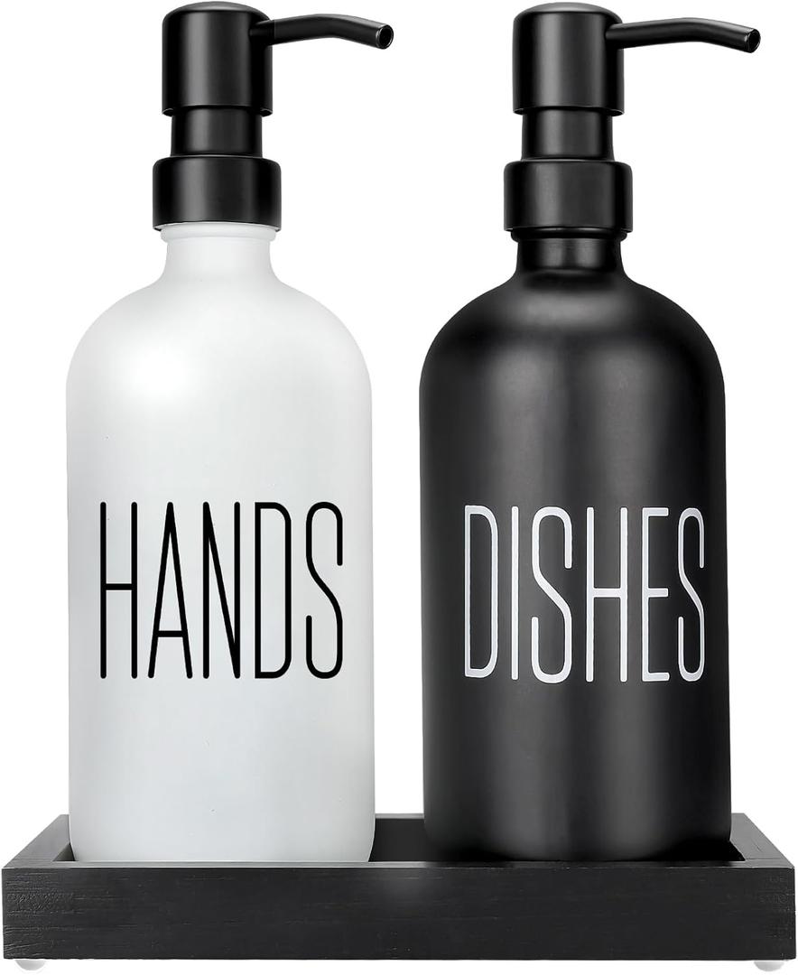 Kitchen Soap Dispenser Set with Silicone Tray, Premium Glass Hand and Dish Soap Dispenser Set for Kitchen Sink, Rustproof Stainless Steel Pump, Modern Kitchen Dcor & Versatile Gift for Any Occasion
