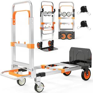 3 in 1 Aluminum Folding Hand Truck Dolly Cart Trolley with Wheels (Orange)