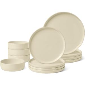 Amazon Basics Glazed Stoneware Dinnerware Set, Ceramic, Dishwasher-Safe, Freezer-Safe, 4 Full Place Settings, 12-Piece, Ivory