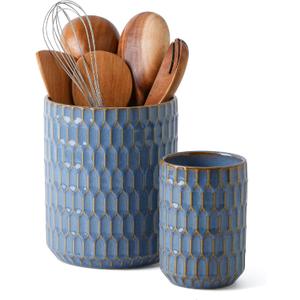 Utensil Holder, 7.5"+5.3" Ceramic Kitchen Utensil Holder for Countertop, Large Cooking Utensil Crock for Kitchen Counter, Set of 2, Blue