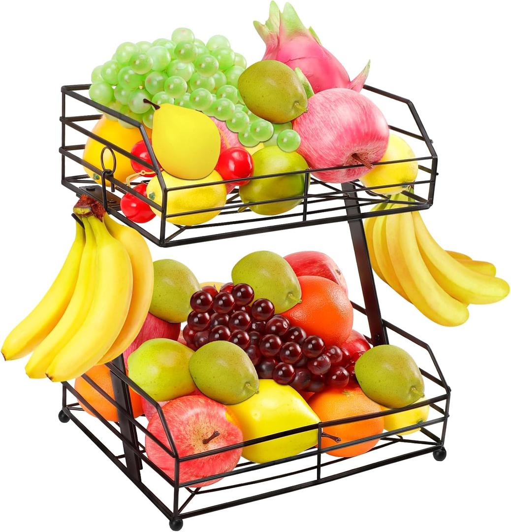 Livabber Fruit Basket for Kitchen, Metal Fruit Storage Bin with 2 Banana Hangers, Countertop Wire Basket Organizer for Vegetable Snack Potato Onion (Black)
