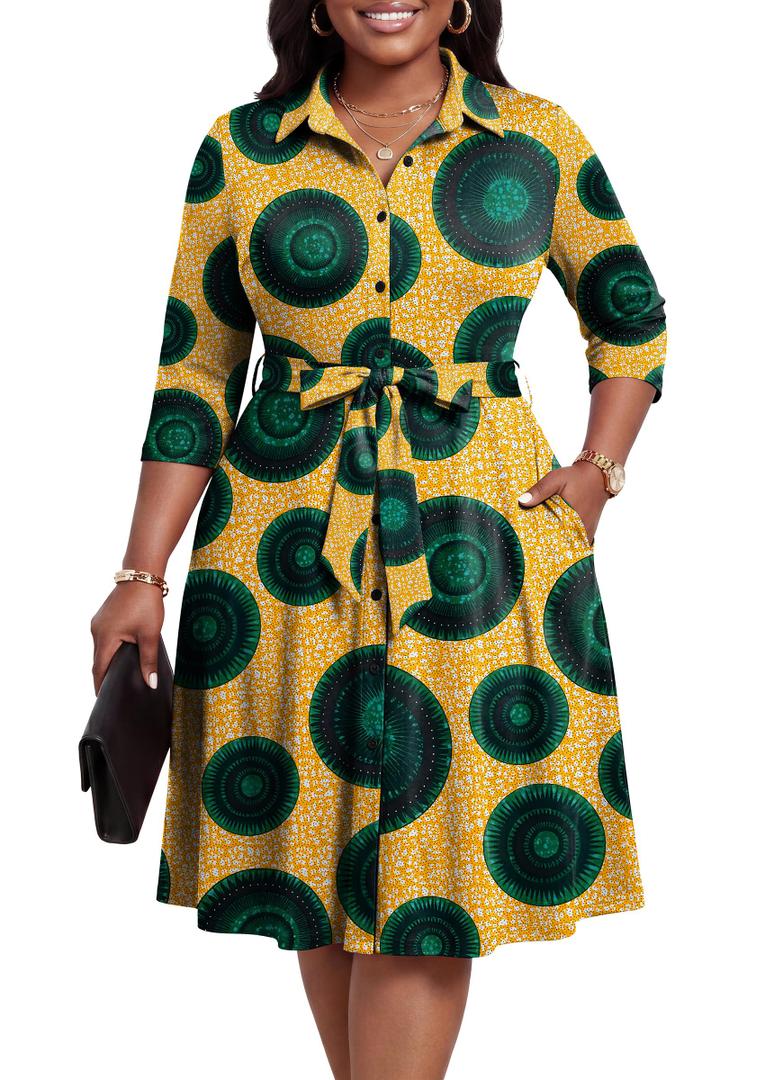 FANDEE Women's Plus Size Maxi Dress V-Neck A Line Midi Dresses for Spring Summer Fall African Print-Yellow Green Polka Dots 2XL