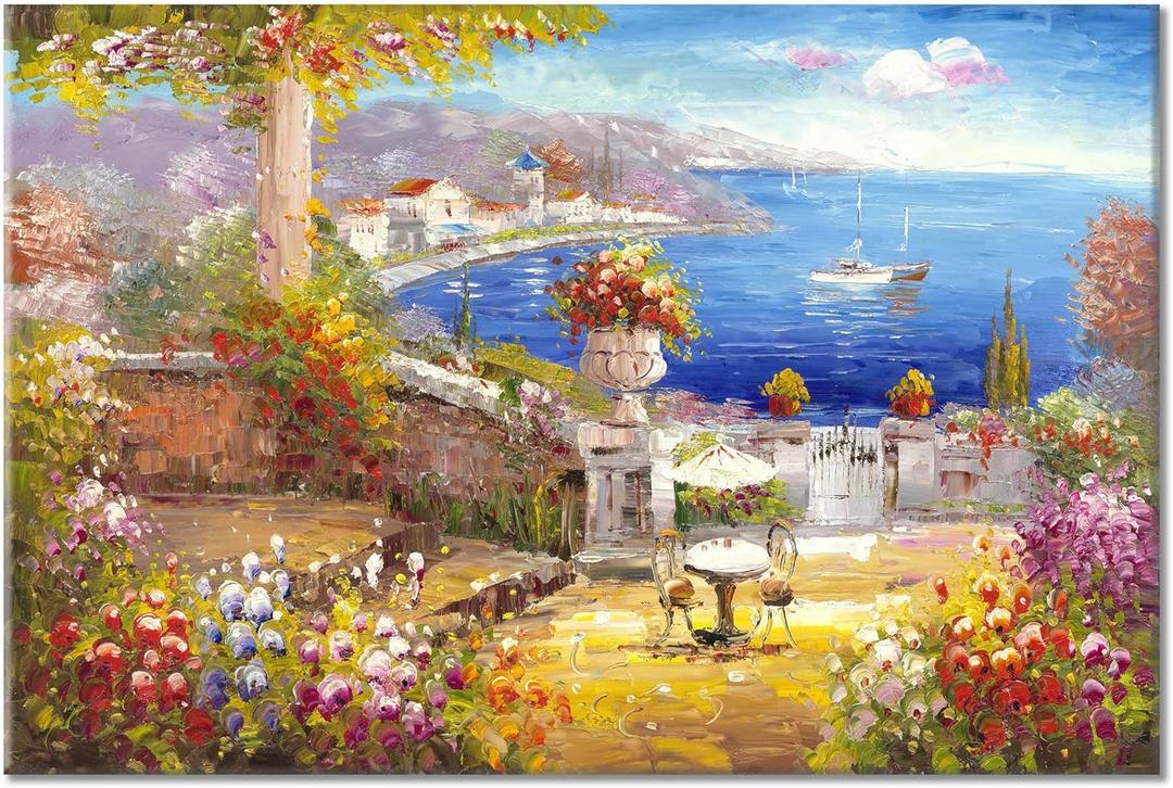 Mediterranean Canvas Wall Art - Italy Wall Art - Italian & Paris Cafe Artwork Oil Paintings Seaside Seascape Picture for Living Room Wall Decor 45"x30"