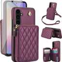 Phone Case for Samsung Galaxy A54 5G Wallet Cell Cover with Tempered Glass Screen Protector Wrist Crossbody Strap RFID Blocking Credit Card Holder, Women Girls, Dark Purple