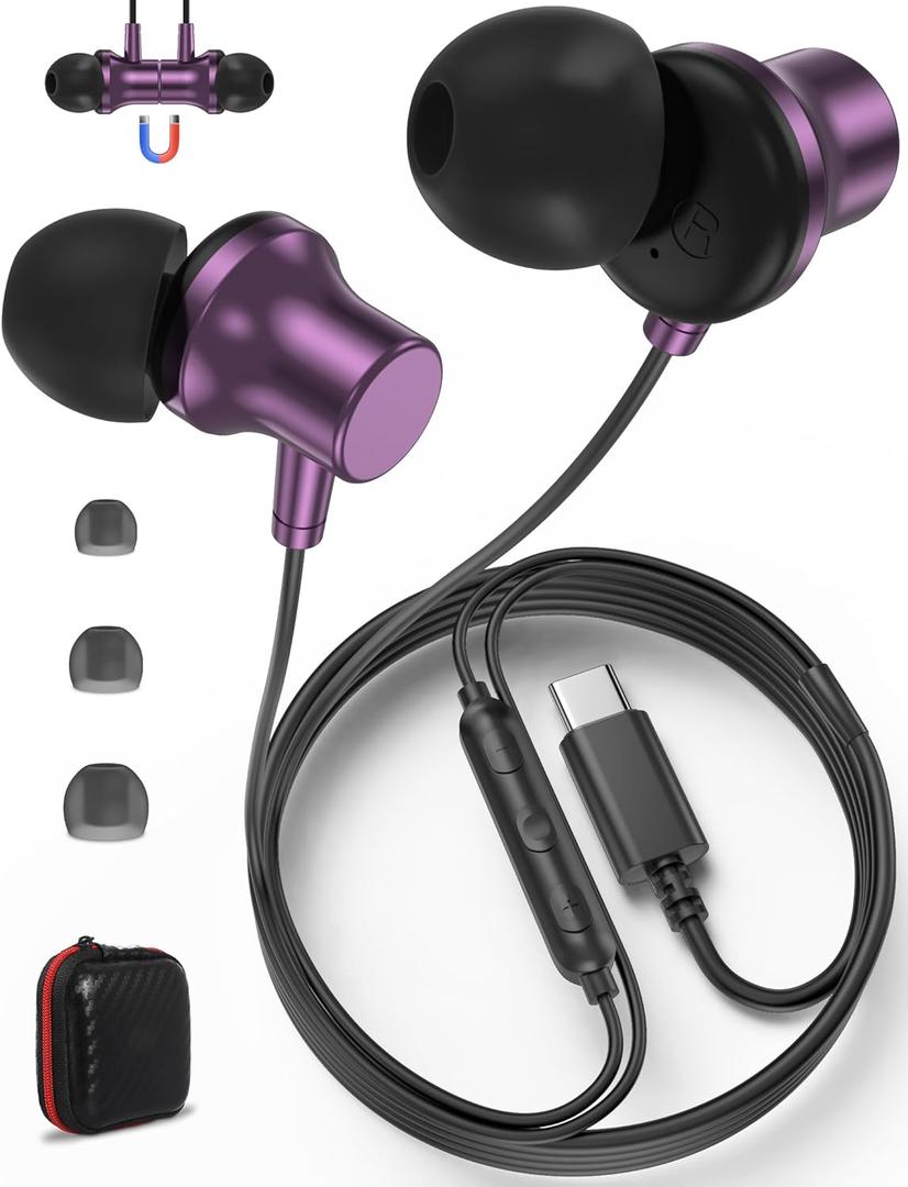 Jiunai USB C Earbuds for iPhone 16e Type C Wired Headphones with Mic In Ear Magnetic S M L Ear Tip Noise Isolation Volume Control Corded USB C Earphones for iPhone 16 Pro Max iPad Pro M4 Air M2 Purple