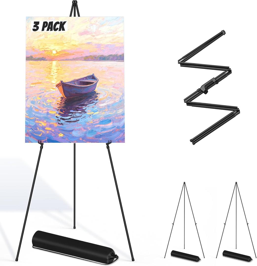 Thicken Display Artist Easel Stands - 63" Instant Tripod Collapsible Portable Floor Easels - Easy Folding Adjustable Art Poster Metal Stands for Display Show, Wedding, Painting - Black 3 Pack