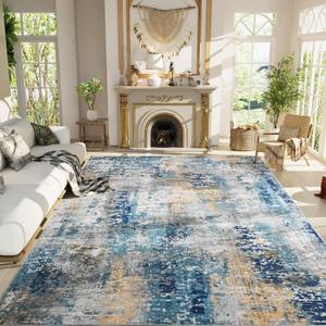 Living Room Rug 7x10 Ultramarine Area Rugs Machine Washable Abstract Boho Large Rug Non-Slip Non-Shedding Faux Wool Indoor Vintage Carpet for Bedroom, Classroom, Dining Room, Kids Playroom