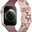 Floral Engraved Band Compatible with Apple Watch Band Women 40mm 38mm 41mm 42mm 44mm 45mm 46mm 49mm, Soft Silicone Two-Tone Flower Sport Strap for iWatch Series 10 9 8 7 6 5 4 3 2 1 SE Ultra