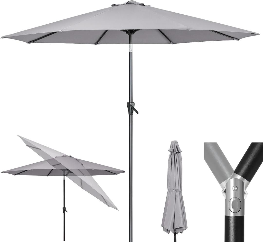 Tempera Patio Market Outdoor Table Umbrella with Push Button Tilt and Crank, Large Sun Umbrella with Sturdy Pole & Fade Resistant Canopy, Easy to Set (9 FT, Grey)