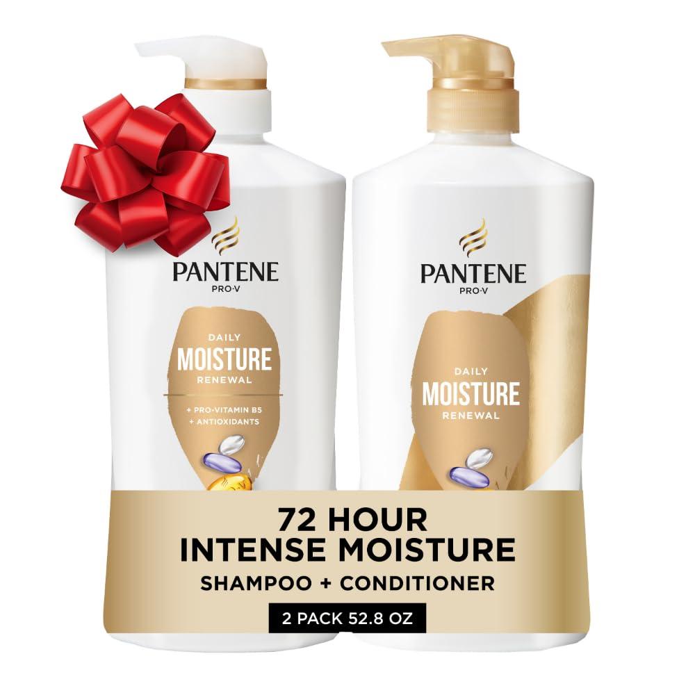 Pantene Shampoo & Conditioner Set, Daily Moisture Renewal - Pro-V Nutrients for Dry, Color-Treated, Straight to Curly Hair, 72-Hour Hydration & Softness, 52.8 Oz Total + Miracle Rescue Shot (0.5 Oz) (26.4 Fl Oz (Pack of 2))
