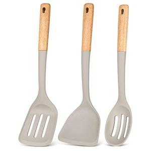 Silicone Cooking Utensils Set, Perfectly Angled for Frying, Mixing,Serving,Draining,Turning and Stirring, BPA-Free Matte Silicone, Wood Handles, Safe for Nonstick Cooking Surfaces,3 Pack (Khaki)