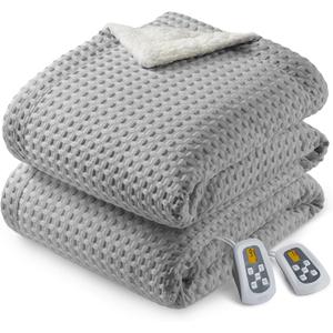 CAROMIO Heated Blanket Queen Size with LCD Dual Controller, Waffle Weave Fast Heating Electric Blankets, 10 Heat Levels & 1-12H Time Settings, ETL Certified, Machine Washable, Grey, 84" x 90"