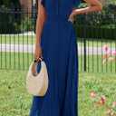 KIRUNDO Women's Summer Maxi Dresses Elegant V Neck Ruffle Flutter Sleeves Empire Waist Pleated Flowy Wedding Guest Dress (Blue, L)