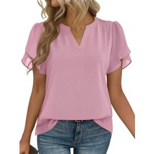 Zeagoo Womens Dressy Casual Shirts Short Sleeve V Neck Work Blouse Business Casual Summer Chiffon Tops (Small, Light Pink)