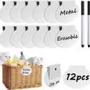 12 Pack Metal Basket Labels Clip On for Storage Bins, Basket Tags White Bin Tags, Removable Pantry Fabric Closet Box Container Holders Hanging Drawer Labels with Chalk Markers