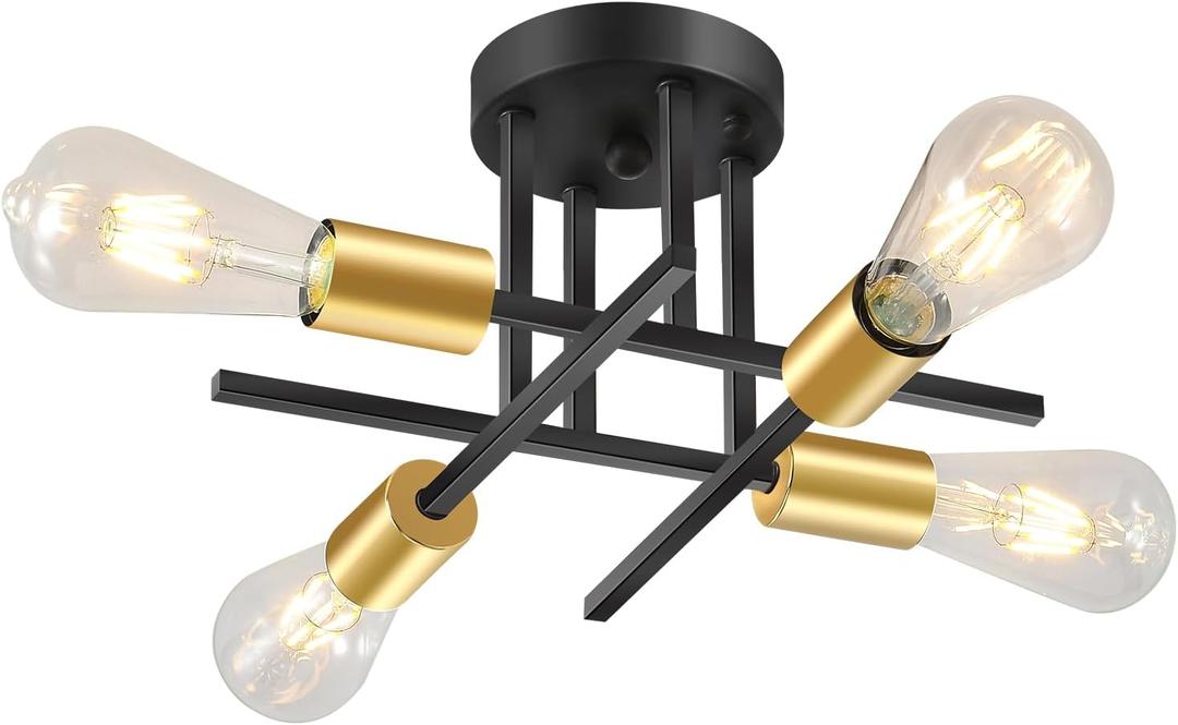 EGM 4-Light Modern Semi Flush Ceiling Light Fixture, Black & Gold Bedroom Light Fixture with E26 Bulb Base, Close to Ceiling Lights for Living Room Farmhouse Kitchen Dining Room (1 Pack)
