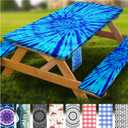 Fitted Picnic Table Cover with Bench Covers Vinyl Waterproof Elastic Edges Fitted Rectangle Tables Patio Tablecloth Camping Gear and Essentials Rv Accessories Road Trip Supplies Car Travel Must Haves