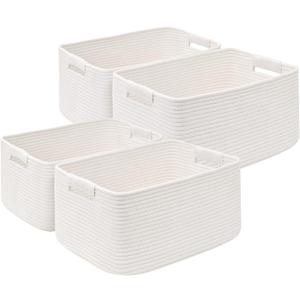 4 Pack Large Storage Basket for Organizing, 17.5"x13"x7" Woven Basket for Shelves, Closet Cube Storage Bins with Wrapped Handle, Cotton Rope Baskets for Kitchen, Clothes, Toys(Off White)