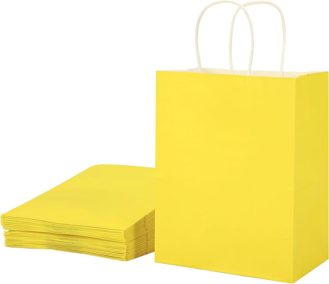 SUNCOLOR 25 Pack Yellow Gift Bags with Handles  8x4.5x10 Medium Bags for Shopping, Retail, DIY, Wedding, Party Favors & Special Occasions
