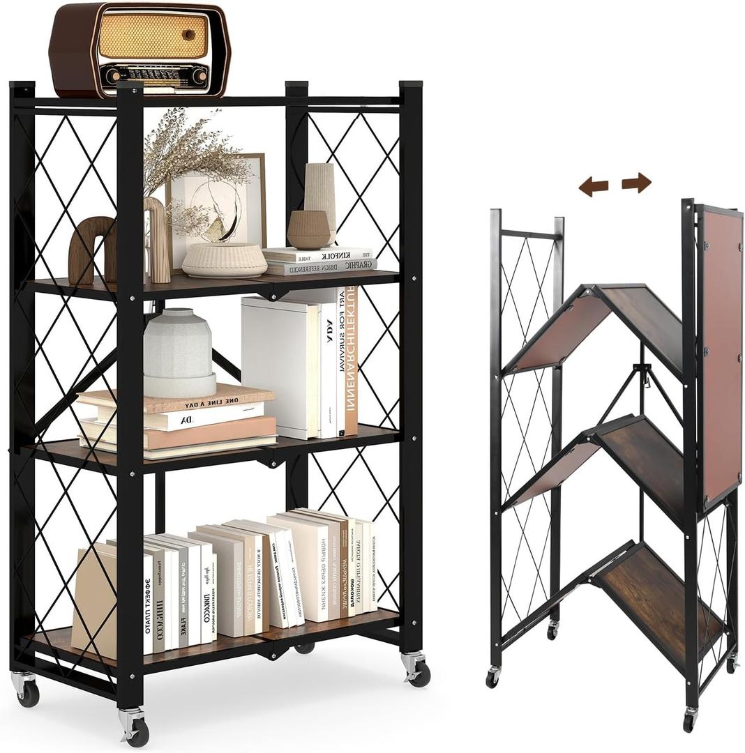 4 Tier Folding Shelf with Wheels, Wood and Metal Bookshelf, no Assembly Foldable Storage Shelves, Vintage Storage Rack for Living Room, Bedroom, and Home Office