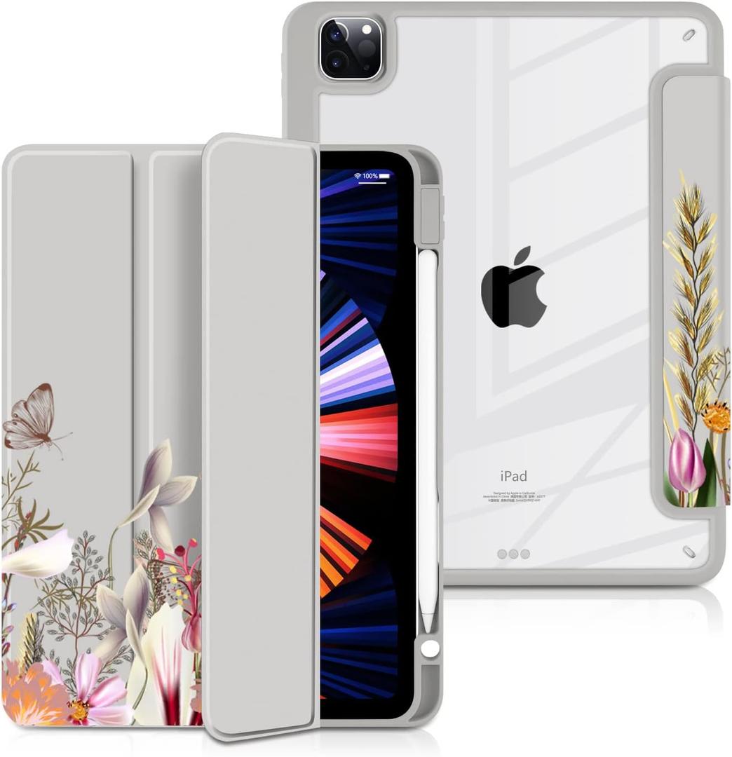 Batianda Hybrid Case for iPad Pro 11-inch 2022 4th M2 2021 (3rd Generation) / iPad Pro 11" 2nd 2020 [Built-in Pencil Holder] Shockproof Cover with Clear Back Shell TPU Bumper,Auto Sleep/Wake,Flowers