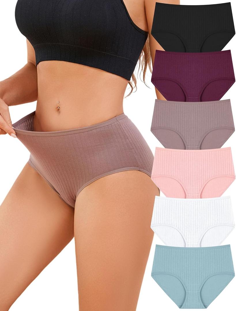 FINETOO Cotton Underwear for Women High Waisted Ribbed Full Coverage Briefs Soft Breathable Moisture Wicking Panties 6 Pack (M)