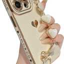 Caseative for iPhone 14 Pro Case,Cute Plating Love Heart Wrist Strap Chain Bracelet Phone Case (White)