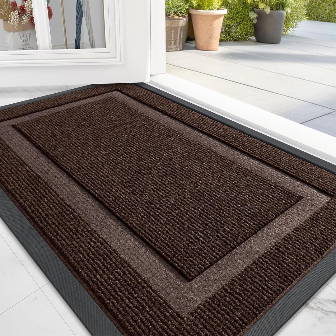 OLANLY Front Door Mat Indoor Outdoor Entrance, Waterproof All-Season, All-Weather Doormat, Sturdy Natural Rubber, Fade Resistant, Low Profile, Easy Clean Patio Porch Entryway Mat, 29.5x17, Dark Brown