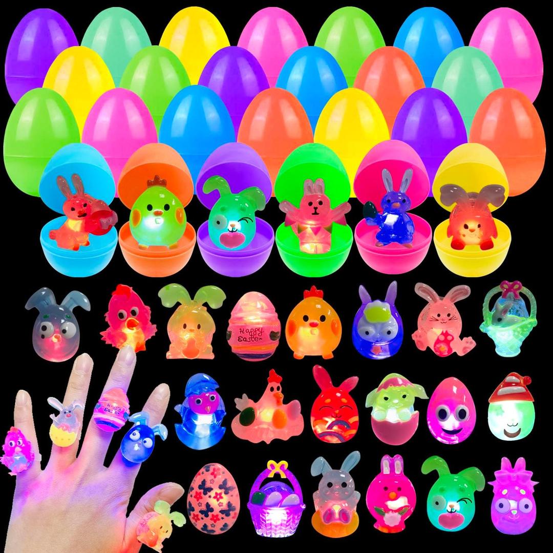 24 Pack Prefilled Easter Eggs with 3D Finger Lights Up Rings Toys Grow in the Dark Great for Kids Girls Boys Easter Basket Stuffers Party Favors Eggs Fillers