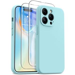 OTOFLY Designed for iPhone 14 Pro Max Case, Liquid Silicone Case with 2 Pack Tempered Glass Screen Protector, Upgraded Camera Protection, Anti-Scratch Soft Microfiber Lining, 6.7 inch (Light Cyan)
