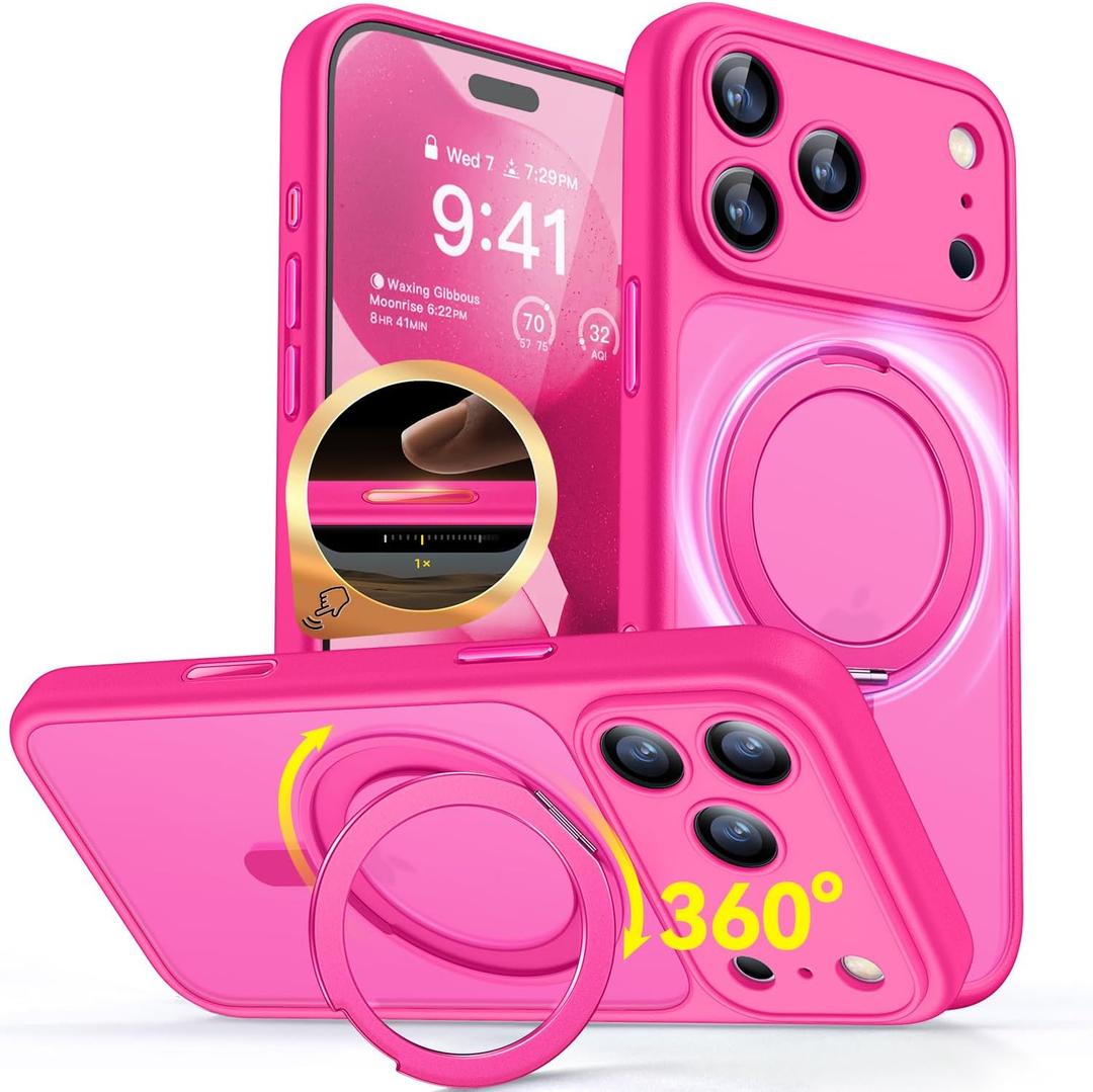 CANSHN 360 Spin Magnetic Stand for iPhone 17 Pro Case with Camera Control [Full Camera Protection] [Compatible with Magsafe] Translucent Matte Shockproof Protective Phone Cover 6.3" - Hot Pink