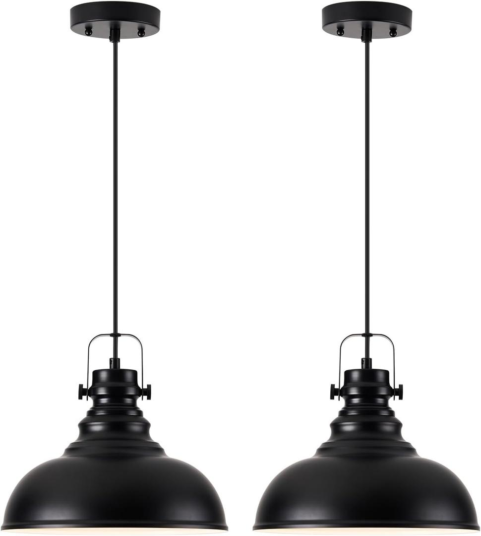 Industrial Pendant Light Fixture, Farmhouse Decor Adjustable Metal Hanging Lamp, Vintage Pendant Lighting for Kitchen Restaurant Dining Room Cafe, E26 Base Black (Black, 2 Pack)