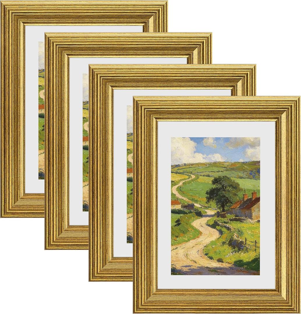 eletecpro 5x7 Gold Picture Frames Set of 4, Vintage Photo Frames with Clear Acrylic Cover, Gallery Wall Art Display 4x6 Photo with Mat or 5x7 without Mat for Tabletop and Wall Mount, Home Decor
