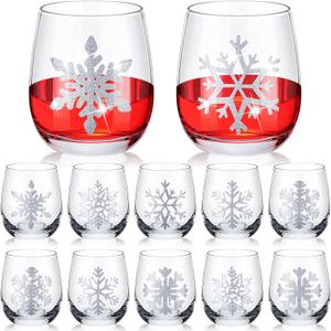 Zhehao 12 Pcs Winter Glass 12oz Snowflake Stemless Glass Cups, Holiday Themed Drinking Glasses, Winter Party Gift for Celebration