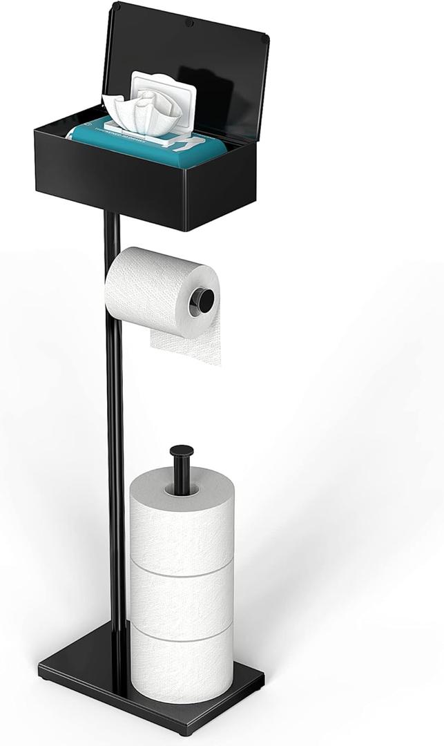 CISILY Black Toilet Paper Holder Stand with Storage Shelf, Free Standing Toilet Paper Roll Holders, Bathroom Toliet Tissue Holder Accessories Essentials (With Wipe Box)