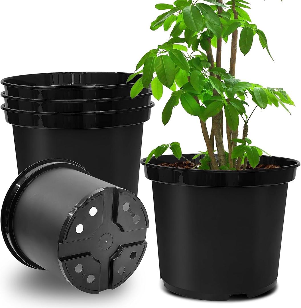 RooTrimmer 5 Gallon 12 Inch Plastic Nursery Pots, Plant Containers with Drainage Holes, Round Sturdy Garden Planters for Indoor/Outdoor Greenery, Gardening Gifts for Women (5-Pack, Black)