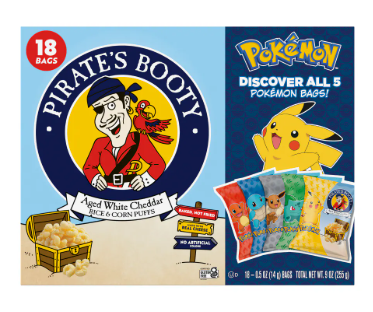 PIRATE'S BOOTY Pokémon Aged White Cheddar Rice & Corn Puffs, 0.5 oz Bags (18 Count), 3 Pack, BB: 01/26/26